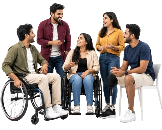 A group of young people, some using wheelchairs and a prosthetic leg, laughing together